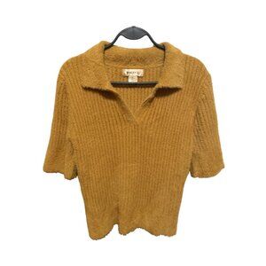 BAILEY/44 MUSTARD GOLD FUZZY KNIT POLO SWEATER TOP